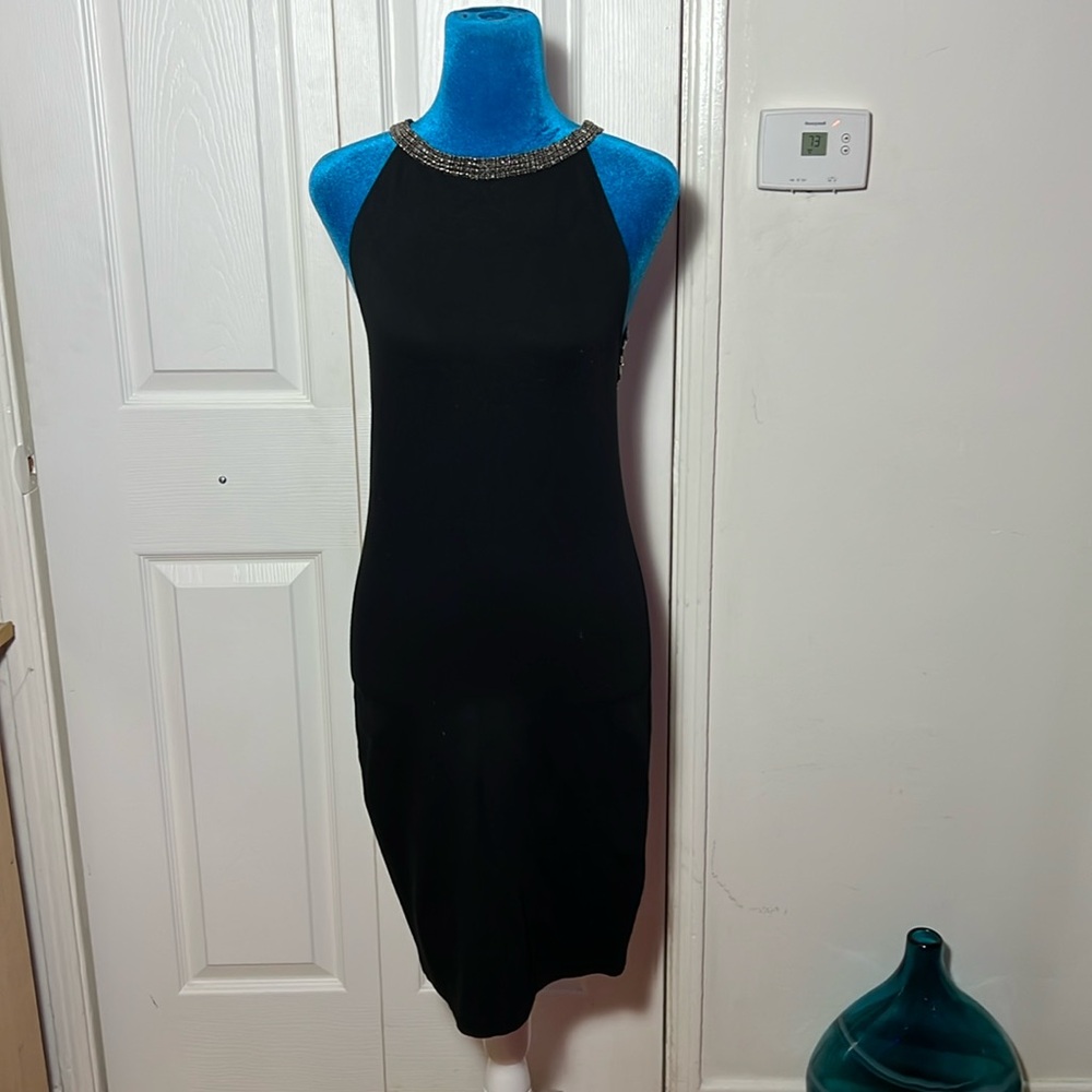 Alice + Olivia Black Midi Halter Dress with Beaded Neckline